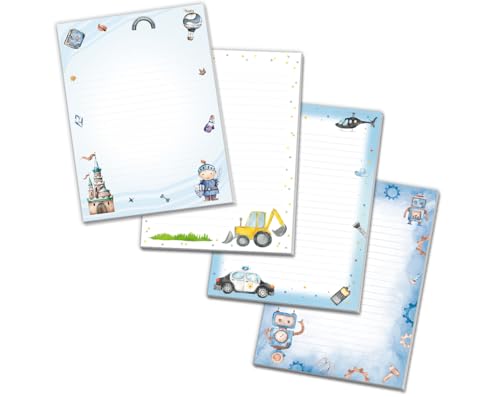 Blöcke Schreibblock mit Kindermotiv Notizblöcke mit Linien für Jungen Jungs Briefbögenblock liniert (4 Blöcke: Ritter, Baustelle, Polizei, Roboter mit je 25 Blätter in A5-Format) von Minkocards
