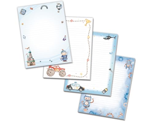 Blöcke Schreibblock mit Kindermotiv Notizblöcke mit Linien für Jungen Jungs Briefbögenblock liniert (4 Blöcke: Ritter, Polizei, Truck, Roboter mit je 25 Blätter in A5-Format) von Minkocards
