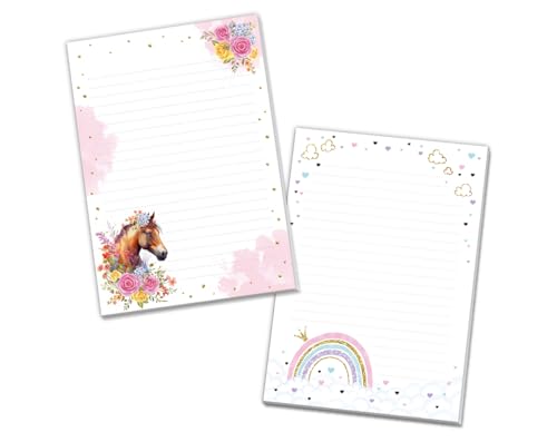 Blöcke Schreibblock mit Kindermotiv Notizblöcke mit Linien für Mädchen Briefbögenblock liniert (2 Blöcke: Pferd, Regenbogen mit je 25 Blätter in A5-Format) von Minkocards