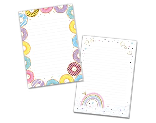 Blöcke Schreibblock mit Kindermotiv Notizblöcke mit Linien für Mädchen Briefbögenblock liniert (2 Blöcke: Regenbogen, Donuts mit je 25 Blätter in A5-Format) von Minkocards