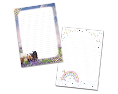 Blöcke Schreibblock mit Kindermotiv Notizblöcke mit Linien für Mädchen Briefbögenblock liniert (2 Blöcke: Regenbogen, Pferde mit je 25 Blätter in A5-Format) von Minkocards