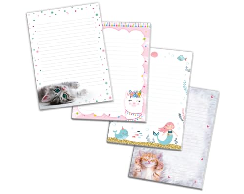 Blöcke Schreibblock mit Kindermotiv Notizblöcke mit Linien für Mädchen Briefbögenblock liniert (4 Blöcke: Katze, Lama, Meerjungfrau, Katze mit je 25 Blätter in A5-Format) von Minkocards