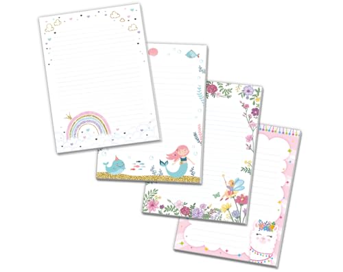 Blöcke Schreibblock mit Kindermotiv Notizblöcke mit Linien für Mädchen Briefbögenblock liniert (4 Blöcke: Regenbogen, Meerjungfrau, Lama, Feen mit je 25 Blätter in A5-Format) von Minkocards