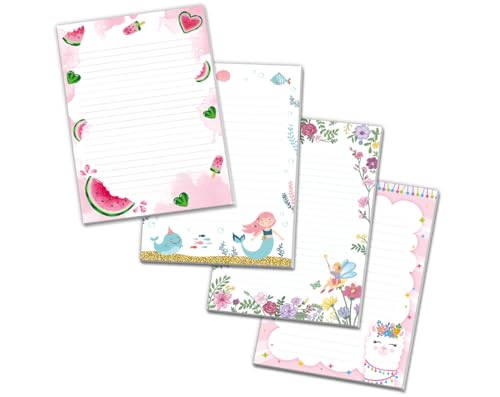 Blöcke Schreibblock mit Kindermotiv Notizblöcke mit Linien für Mädchen Briefbögenblock liniert (4 Blöcke: Wassermelone, Meerjungfrau, Feen, Lama mit je 25 Blätter in A5-Format) von Minkocards