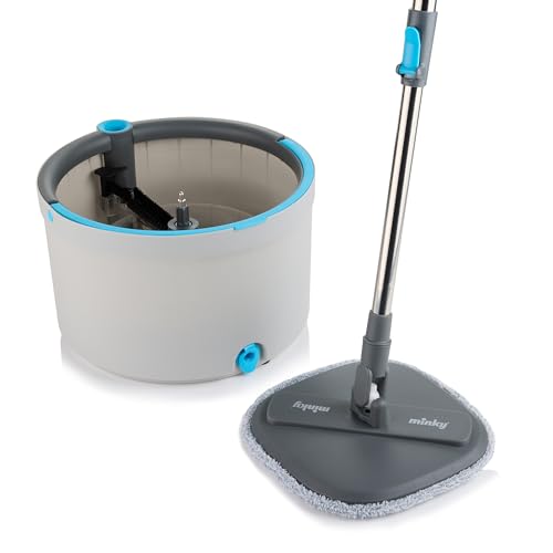 Minky Opti-Clean Spin Mop, 360° Spin & Rinse & Wringing System, Wiederverwendbares Leistungsstarkes Mikrofaser-Klettpolster, Dual-Hohlraum 2L Eimer mit stabilem Griff, Hellgrauer Eimer mit von Minky
