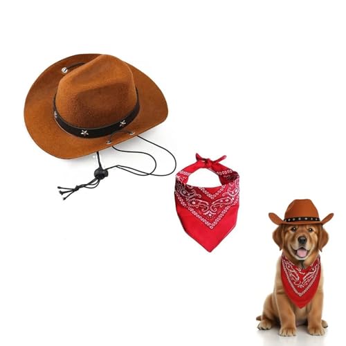 Cowboy-Kostüm für kleine Hunde - Haustier Halloween Outfit mit braunem Hut & rotem Bandana für Katzen & Hunde - Western Style Party Dress Up für Halloween, Weihnachten, Karneval & Fotos von Minlend
