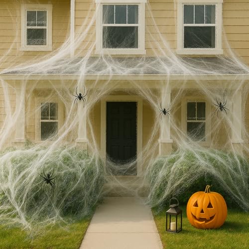 Halloween-Spinnennetz-Dekorationen, 100 g, dehnbares Gurtband mit 30 künstlichen Spinnen, deckt bis zu 240 m² ab, Innen- und Außenbereich, Spukhaus-Dekor für Party, Hof, Fenster und Bäume von Minlend