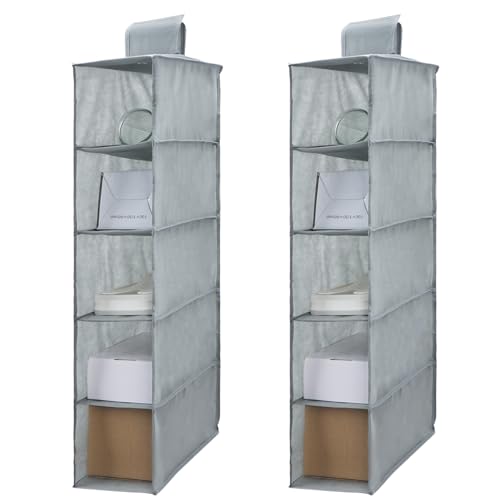 Minnhua 2 Stück Hängeregal Stoff mit 5 Fächer, Zusammenklappbar Hängeaufbewahrun, Kleiderschrank Organizer, Ordnungssystem Kleiderschrank für Kleiderschränke in unterschiedlichen Höhen (Grau) von Minnhua