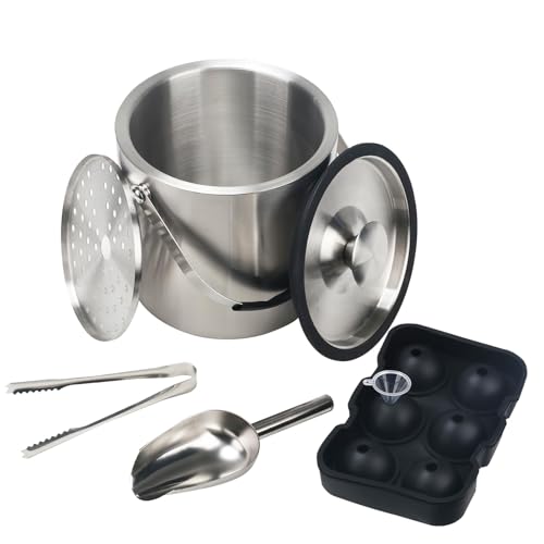 Minnhua 3L Eiswürfelbehälter mit Deckel Sektkühler Faschenkühler Champagner Kühler Doppelwandiger Eiskübel aus Edelstahl mit Deckel Sieb Eisschaufel Eiswürfel und Eiszange von Minnhua
