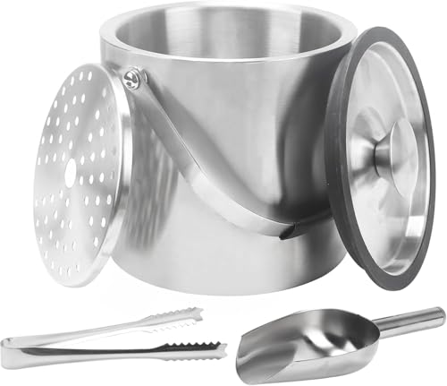 Minnhua 3L Eiswürfelbehälter mit Deckel Sektkühler Flaschenkühler Champagner Kühler Doppelwandiger Eiskübel Aus Edelstahl mit Deckel Sieb Eisschaufel und Eiszange für Partys Bier Cocktailbars von Minnhua