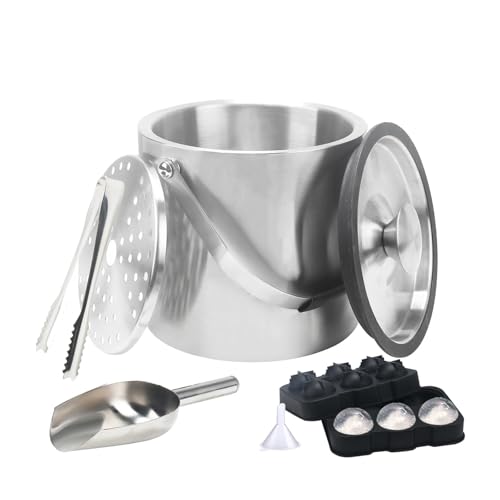 Minnhua 4L Eiswürfelbehälter mit Deckel Sektkühler Flaschenkühler Champagner Kühler Doppelwandiger Eiskübel aus Edelstahl mit Deckel Sieb Eisschaufel Eiswürfel und Eiszange für Partys Bier von Minnhua