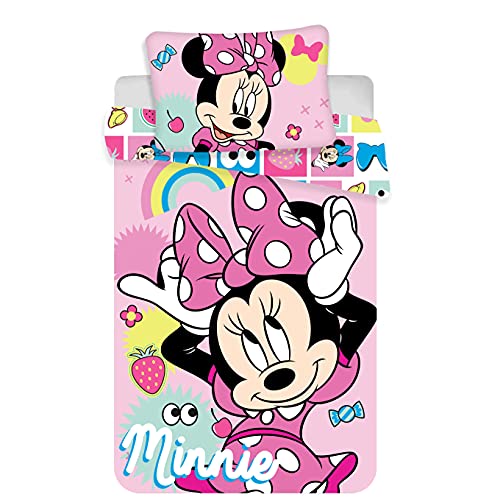 Baby Kinder Bettwäsche Set Minnie Maus, Bettdecke 100 x 135 cm + Kopfkissen 40 x 60 cm, 100% Baumwolle, rosa bunt von Minnie