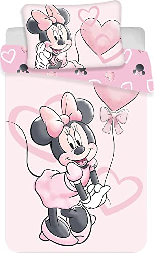 Children's Baby Bed Linen Minnie Mouse with Pink Balloon and Hearts Duvet Cover 100 x 135 cm Pillowcase 40 x 60 cm 100% Cotton von Minnie