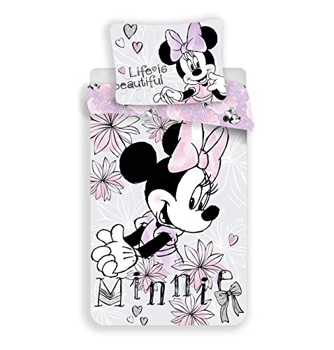 Minnie Mouse Beautiful Life Bettwäsche, Wendebettwäsche Größe: 140x200 cm, Kissen 70x90 cm 100% Baumwolle in Grau/Rosa von Minnie