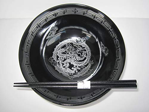 Japanische schwarze Glasur Silber Drachen 21,2 cm Ramen, Suppe, Ramen, Ramen, Nudeln oder Servierschüssel mit Stäbchen von Mino Ware