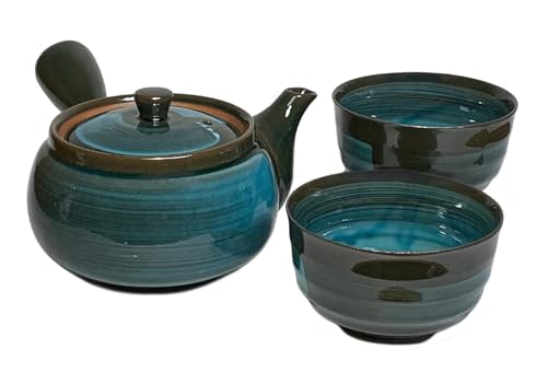 Mino Ware Japanische Kyusu Teekanne Yunomi Set Smaragd-Linie Muster auf Braun von Mino Ware