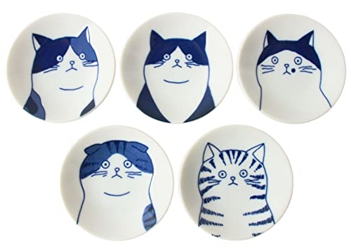 Mino ware GBS001 Mini-Teller/Schale aus japanischer Keramik, 5 Stück, 5 Katzengesichter, Weiß & Blau, hergestellt in Japan (Japan Import) von Minoribo