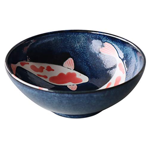 Japanische Mino-Yaki Keramik Donmantiburi Schale Extra Groß für Ramen Salat Made in Japan 21,5cm Glücksbringer Rot Karpfen Muster Schwarz 8018200 von minoru touki