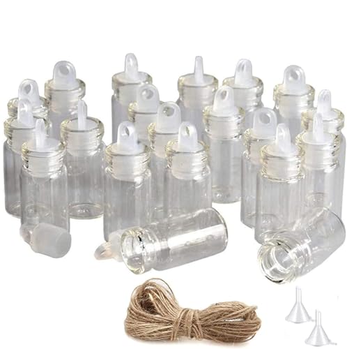 Minsily 100 Stück 1 ml kleine Mini-Glasflaschen mit Kunststoffverschluss, 20 m Schnur, transparent, kleines Glas, Mini-Fläschchen, Dekoration, Wunschflasche, kleine Charm-Fläschchen, Party, Geschenk von Minsily