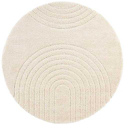 Mint Rugs Teppich Fergus Rund Hochflor Wohnzimmer-Teppich Weich Flauschig Langflor Shaggy Flokati Skandi Design für Küche Flur oder Schlafzimmer Hoch-Tief Struktur Creme ø160 cm von Mint Rugs