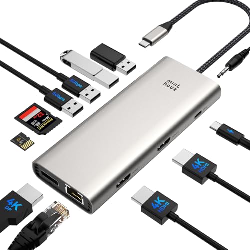 Minthouz USB C Docking Station,12 in 1 Triple Monitor USB C Hub für Dell HP Lenovo,Thunderbolt4 & 100W PD, 4K@144Hz DP+2×HDMI, 4×Type 3.0/2.0, Gigabit LAN, SD/TF Mini Dock für Win11/macOS13+Linux Minthouz USB C Docking Station,12 in 1 Triple Monitor USB C Hub für Dell HP Lenovo,Thunderbolt4 & 100W PD, 4K@144Hz DP+2×HDMI, 4×Type 3.0/2.0, Gigabit LAN, SD/TF Mini Dock für Win11/macOS13+Linux von Minthouz