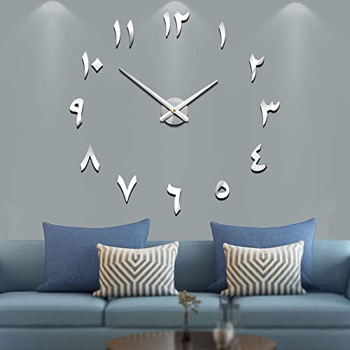 Mintime Mute DIY rahmenlose große Wanduhr arabische Ziffern 3D Spiegel Aufkleber Home Office Dekorationen (Silber) von Mintime
