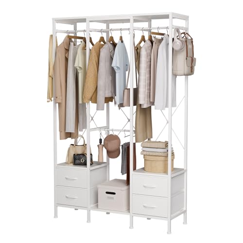 Mintnook Kleiderschrank Offen, Kleiderständer, Garderobenständer mit 4 Schubladen, Kleiderständer Stabil, fürs Schlafzimmer, Wohnzimmer, Eingangsbereich, Weiß von Mintnook