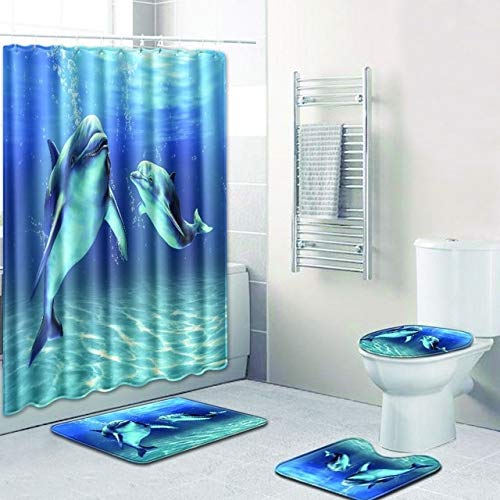 Minyose 4 Stück Dolphin Printed Duschvorhang Badteppich Set Toilettenbezug Badematte Badezimmer wasserdichte Polyester Vorhänge Badteppich 180X180Cm von Minyose