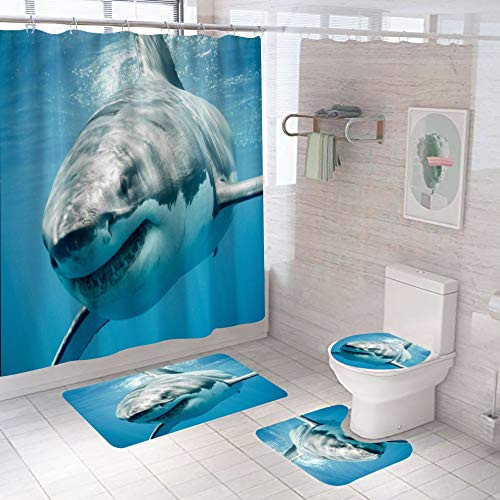 Minyose 4 Stück Set Bad Set Weißer Hai Tier Duschvorhang Set Digitaldruck Polyester Duschvorhang Perforierte Bad Vorhang Duschabdeckung 180X180Cm von Minyose