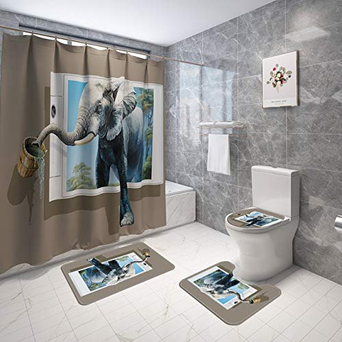 Minyose Animal Print Badezimmer Und Duschvorhang Mikrofaser-Toilettenteppich Rutschfestes Sitzkissen Saugfähiges Badezimmermatten-Set 180 * 180Cm von Minyose