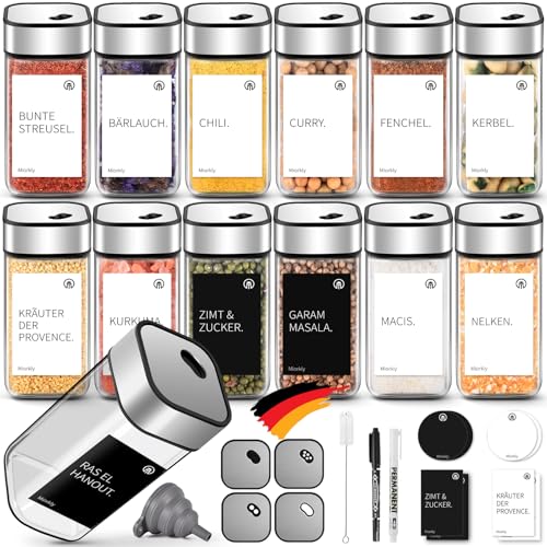 Miorkly 12 Gewürzgläser Eckig,120ML Gewürzdosen Set mit Streueinsatz,Gewürzstreuer mit Drehdeckel-Starke Versiegelung,Edelstahl-Glas Gewürz Organizer inklusive Trichter, Etikett und Stift von Miorkly