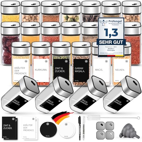 Miorkly 24 Gewürzgläser Eckig,120ML Gewürzdosen Set mit Streueinsatz,Gewürzstreuer mit Drehdeckel-Starke Versiegelung,Edelstahl-Glas Gewürz Organizer inklusive Trichter, Etikett und Stift von Miorkly