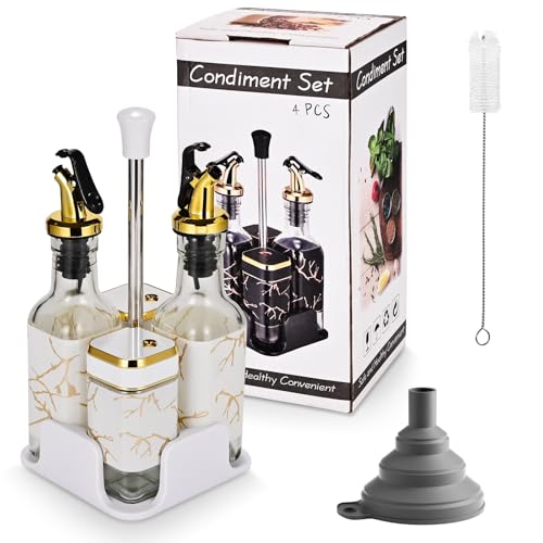 Miorkly 2er Gewürzgläser Eckig mit Weiß Drehdeckel + 2er Glas Olivenöl Ölflasche mit Sockel - Salz und Pfefferstreuer Essig Öl Set - Gewürzstreuer Set - Gewürzdosen - Glas Gewürz Organizer von Miorkly