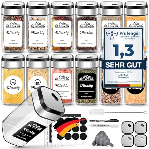 Miorkly Gewürzgläser Eckig mit Streueinsatz 12er, Gewürzstreuer Glas 120 ml-Gewürzdosen set-Gewürz Organizer-Gewürzbehälter mit drehbarem Gewürzlochdeckel mit Etikett-Gewürzglas Spice Jars von Miorkly