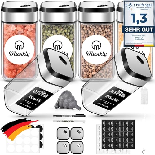 Miorkly Gewürzgläser Eckig mit Streueinsatz 6er, Gewürzstreuer Glas 120 ml-Gewürzdosen set-Gewürz Organizer-Gewürzbehälter mit drehbarem Gewürzlochdeckel mit Etikett-Gewürzglas Spice Jars von Miorkly