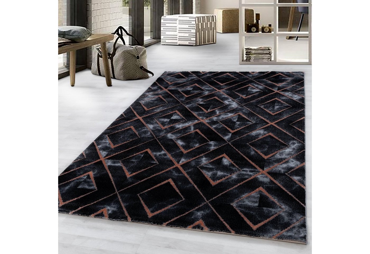 Designteppich Flachflorteppich Marmoroptik Wohnzimmer Kurzflorteppich Schlafzimmer, Miovani von Miovani