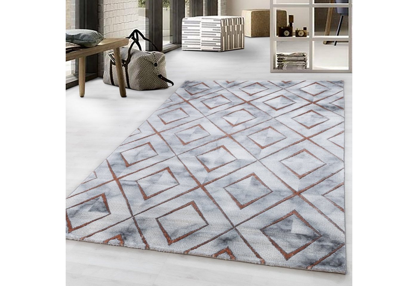 Designteppich Marmoroptik Flachflorteppich Kurzflorteppich Wohnzimmer Muster, Miovani von Miovani