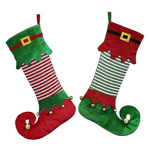 Mipcase 2 Stück Teiliges Weihnachtsstrumpf Elf Design Rot Grün Dekorative Weihnachtsstrümpfe zum Aufhängen Geschenkbeutel für Süßigkeiten und Weihnachtsdeko Festliche Xmas Socken Pouch von Mipcase