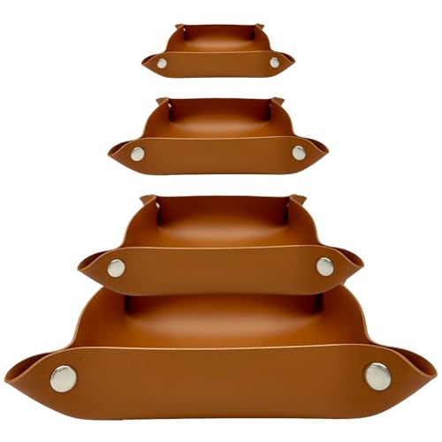 MIQIO® Design Aufbewahrungsschalen aus veganem Leder mit Druckknöpfen - 3 +1 Set - quadratischer Aufbewahrungskorb aus Kunstleder für Briefe, Schlüssel, Smartphone - faltbare Utensilo Schale - cognac von Miqio