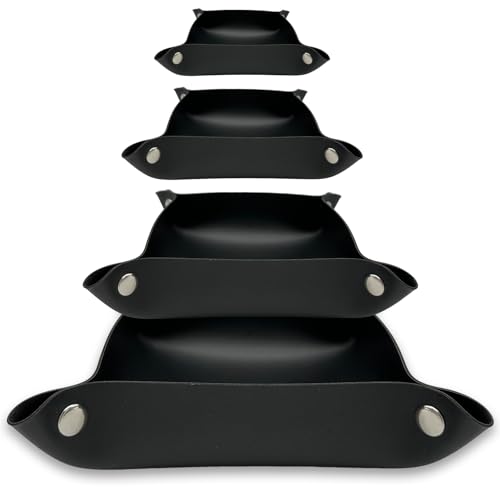 MIQIO® Design Aufbewahrungsschalen aus veganem Leder mit Druckknöpfen - 3 +1 Set - quadratischer Aufbewahrungskorb aus Kunstleder für Briefe, Schlüssel, Smartphone - faltbare Utensilo Schale - schwarz von Miqio