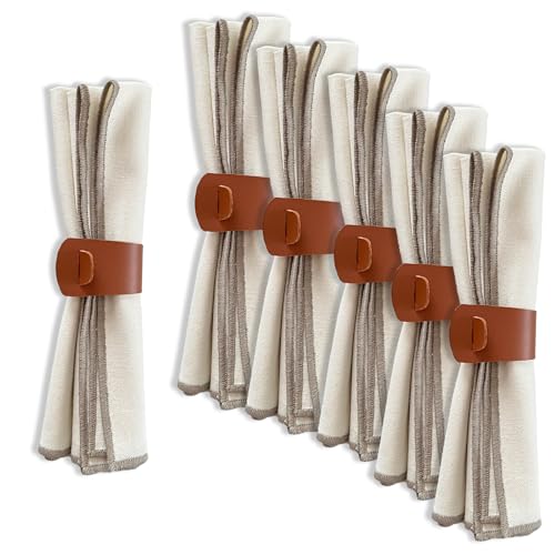 MIQIO® Design Baumwollservietten I 6er Set + Serviettenringe aus veganem Leder I 45x45 cm I Stoff-Servietten mit edler Ziernaht I 100% Bio-Baumwolle I Zertifiziert I Ivory, Cognac von Miqio