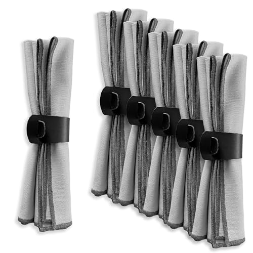 MIQIO® Design Baumwollservietten I 6er Set + Serviettenringe aus veganem Leder I 45x45 cm I Stoff-Servietten mit edler Ziernaht I 100% Bio-Baumwolle I Zertifiziert I hellgrau, schwarz von Miqio