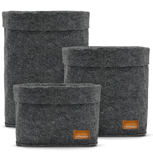 MIQIO® Design Premium Filz Korb - 3er-Set - Aufbewahrungskörbe Filz - Ökotex zertifiziert - faltbare Filz Organizer - Ordnungsbox für alle Räume wie Küche, Wohzimmer, Diele oder Bad - dunkelgrau von Miqio