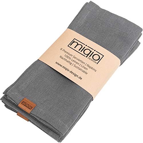 MIQIO® Design Stoffservietten aus 100% französischem Leinen - 6er Set Servietten Stoff - waschbar bei 60° - 45x45 Leinenservietten - Marken Label aus echtem Leder (dunkelgrau) von Miqio