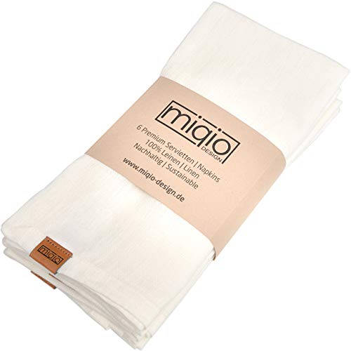 MIQIO® Design Stoffservietten aus 100% französischem Leinen - 6er Set Servietten Stoff - waschbar bei 60° - 45x45 Leinenservietten - Marken Label aus echtem Leder (elfenbeinfarben) von Miqio