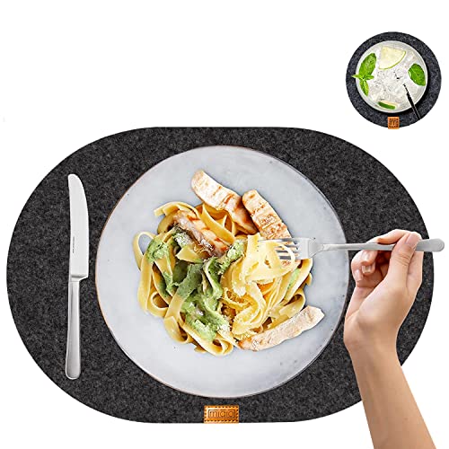 MIQIO® Filz Tischset Oval - Nachhaltige Premium Platzsets 12er Set | Schadstoffgeprüft Ökotex | Aus 100% Recycelten PET Flaschen | 44x29 cm | 6 abwaschbare Filzuntersetzer +6 Glas Untersetzer rund von Miqio