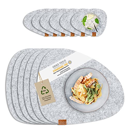 MIQIO® Filz Tischset Stone - 12er Set Nachhaltige Premium Platzsets | Schadstoffgeprüft Ökotex | Aus 100% Recycelten PET Flaschen | 40x32 cm abwaschbar Filzuntersetzer + Glas Untersetzer rund von Miqio