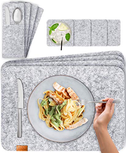 MIQIO Tischset aus Filz - 24er Tisch Untersetzer-Set - Filz Tischset abwaschbar - 8 Platzsets, Glasuntersetzer, Bestecktaschen | hellgrau | Filzuntersetzer eckig - Platzdeckchen für Weihnachten von Miqio
