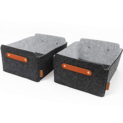 Miqio® Design Aufbewahrungsbox aus Filz mit Ledergriff | hochwertiger Korb aus Filz | Filzbox mit Echtleder Elementen | Regalkorb | dunkelgrau anthrazit Filzkorb 2er Set von Miqio