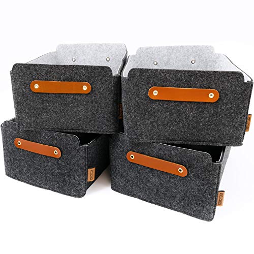 Miqio® Design Aufbewahrungsbox aus Filz mit Ledergriff | hochwertiger Korb aus Filz | Filzbox mit Echtleder Elementen | Regalkorb | dunkelgrau anthrazit | Filzkorb 4er Set von Miqio